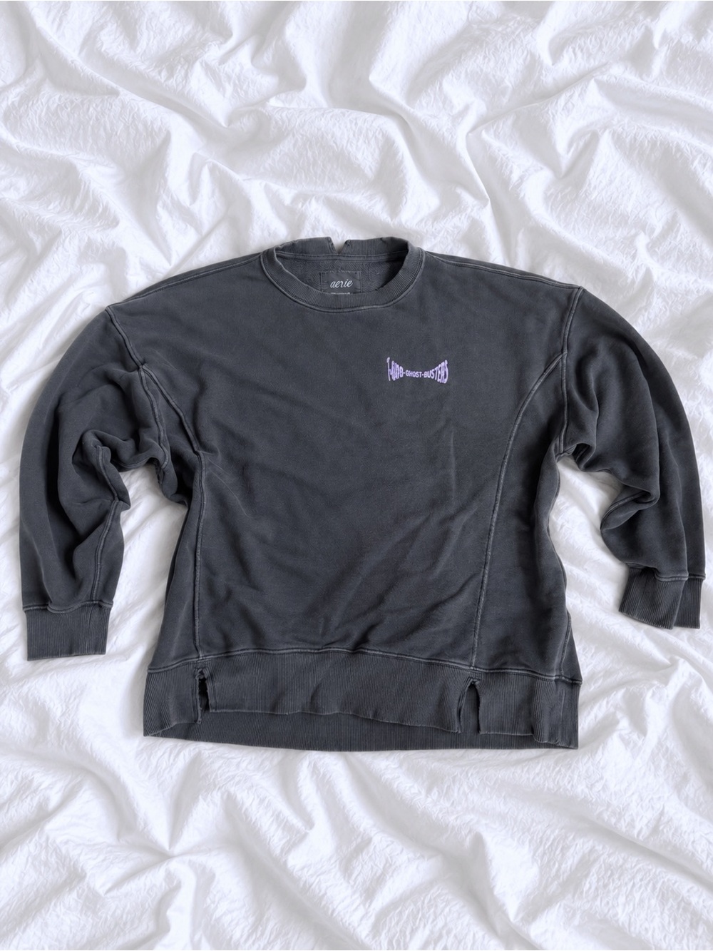 aerie Black Crewneck Sweatshirt with Lilac Chest Logo